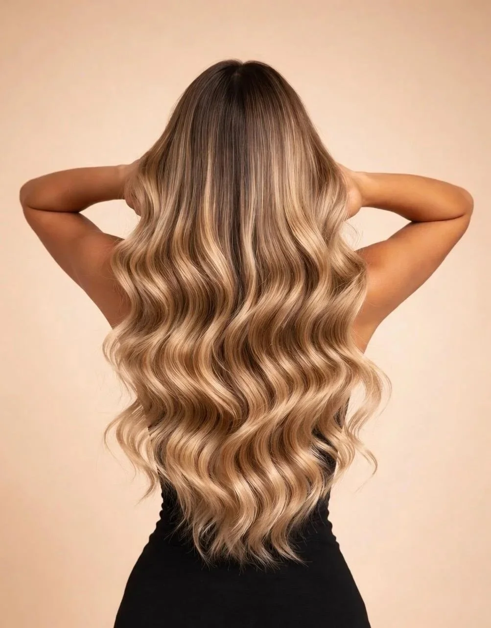 A woman with long, wavy blonde hair, seen from the back with arms raised behind her head, against a plain beige background.