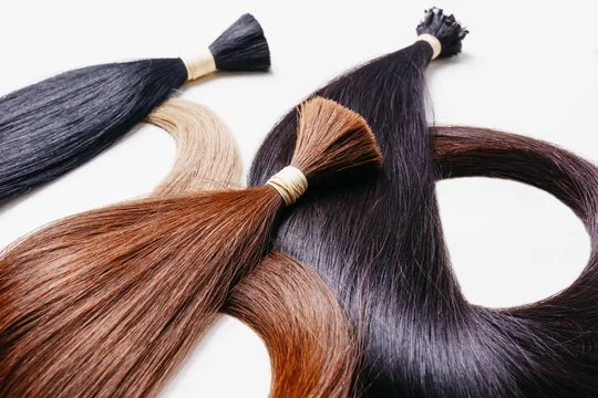 Four bundles of straight hair in black, blonde, brown, and dark brown shades, tied at the top with small rubber bands.
