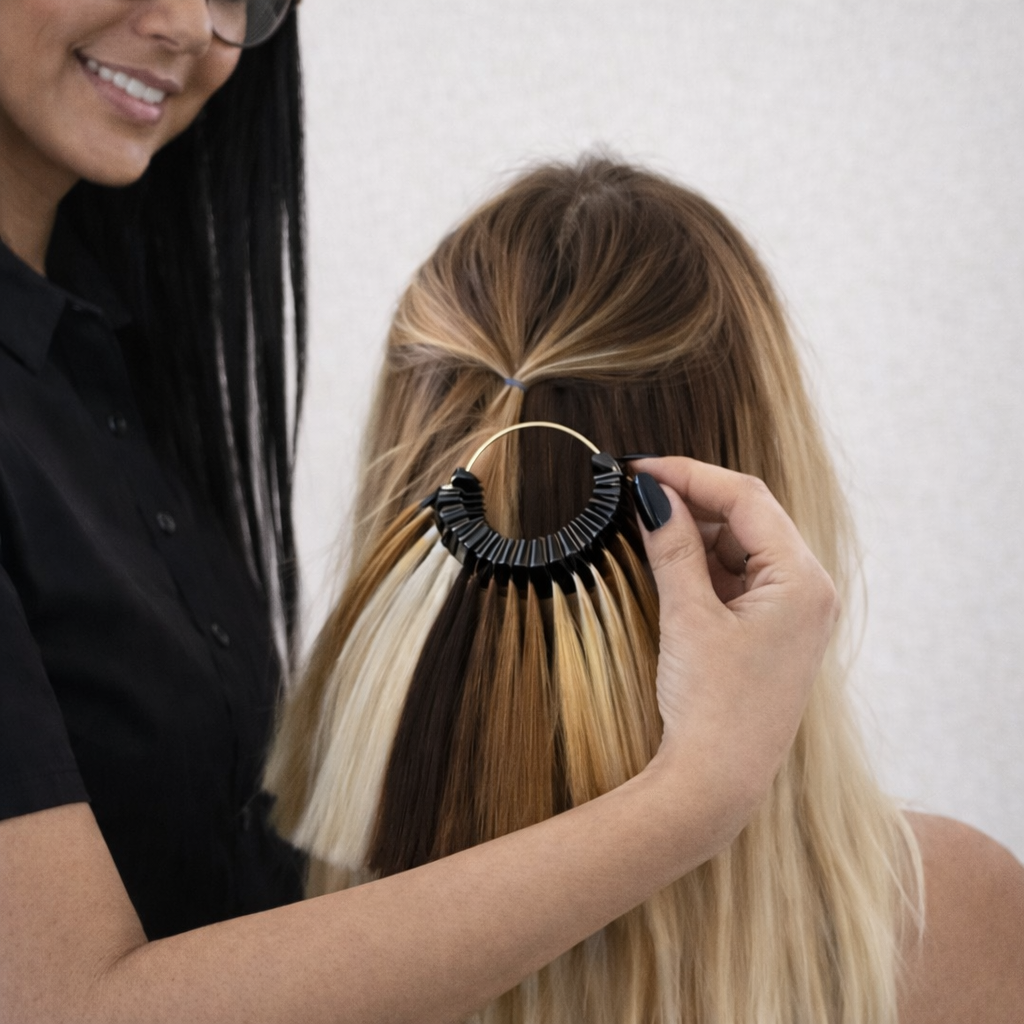 A woman with long blonde hair holds a color palette to a client's hair to choose a hair color, smiling while wearing a black shirt.