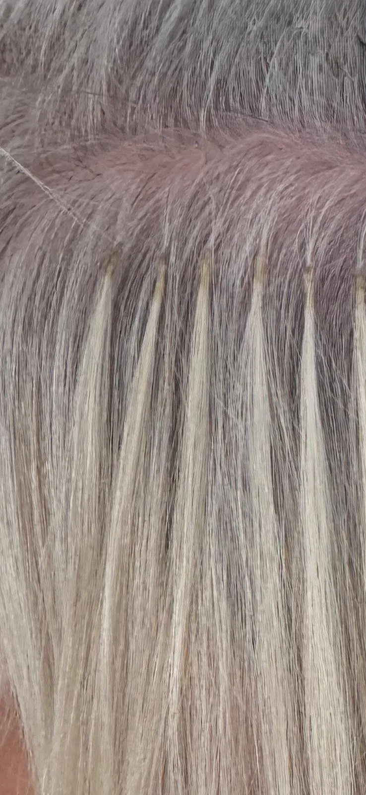 Close-up of blonde hair with dark roots and lighter streaks.