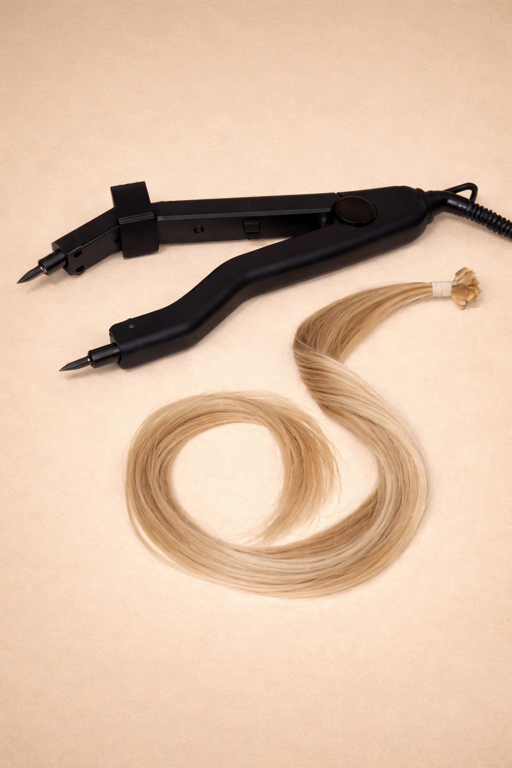A black curling iron with a clamp and a power cord, and a section of blonde hair, placed on a beige background.