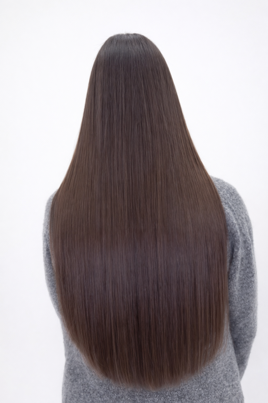 Back view of a woman with long, straight, shiny brown hair, wearing a gray sweater, against a white background.