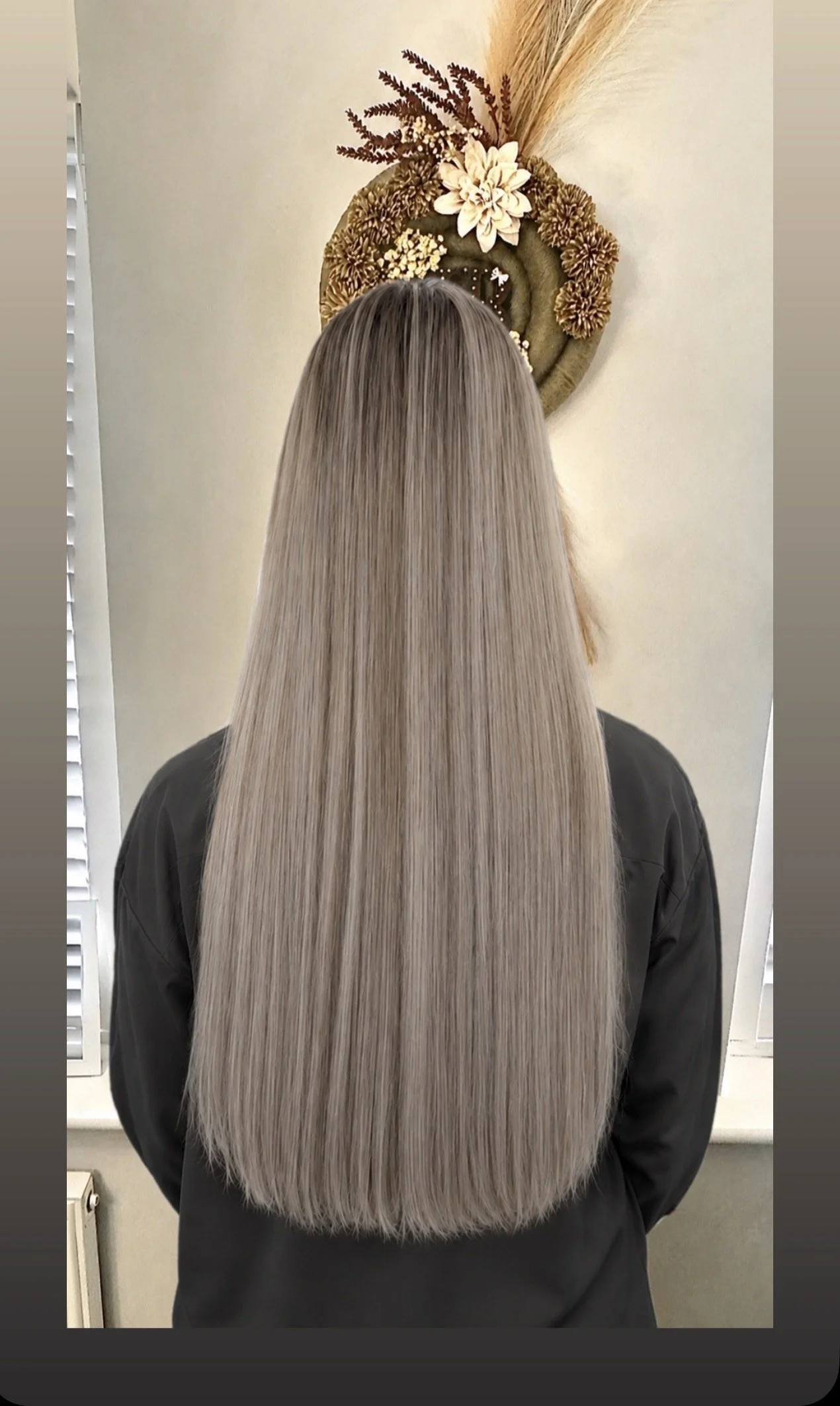 Long straight ash-blonde keratin bond hair extensions, back view, JB Hair Studio Corby
