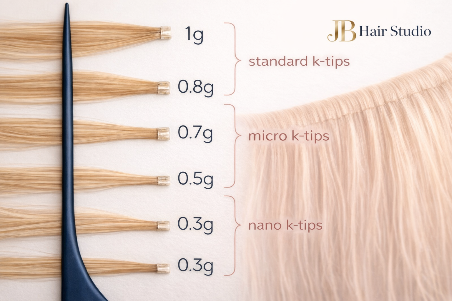 Different types of hair extensions with varying tip sizes and weights, labeled by grams, alongside a strand of blonde hair.