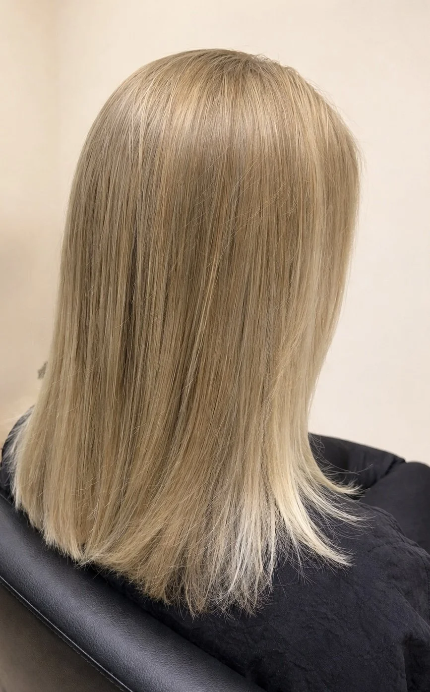 Back view of a woman's straight blonde hair with a slight wave at the ends, sitting on a black chair against a plain beige background.