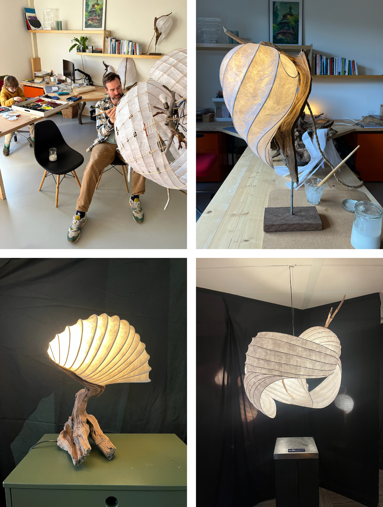 collage of four images - artist Loupio at work and three lamp sculptures