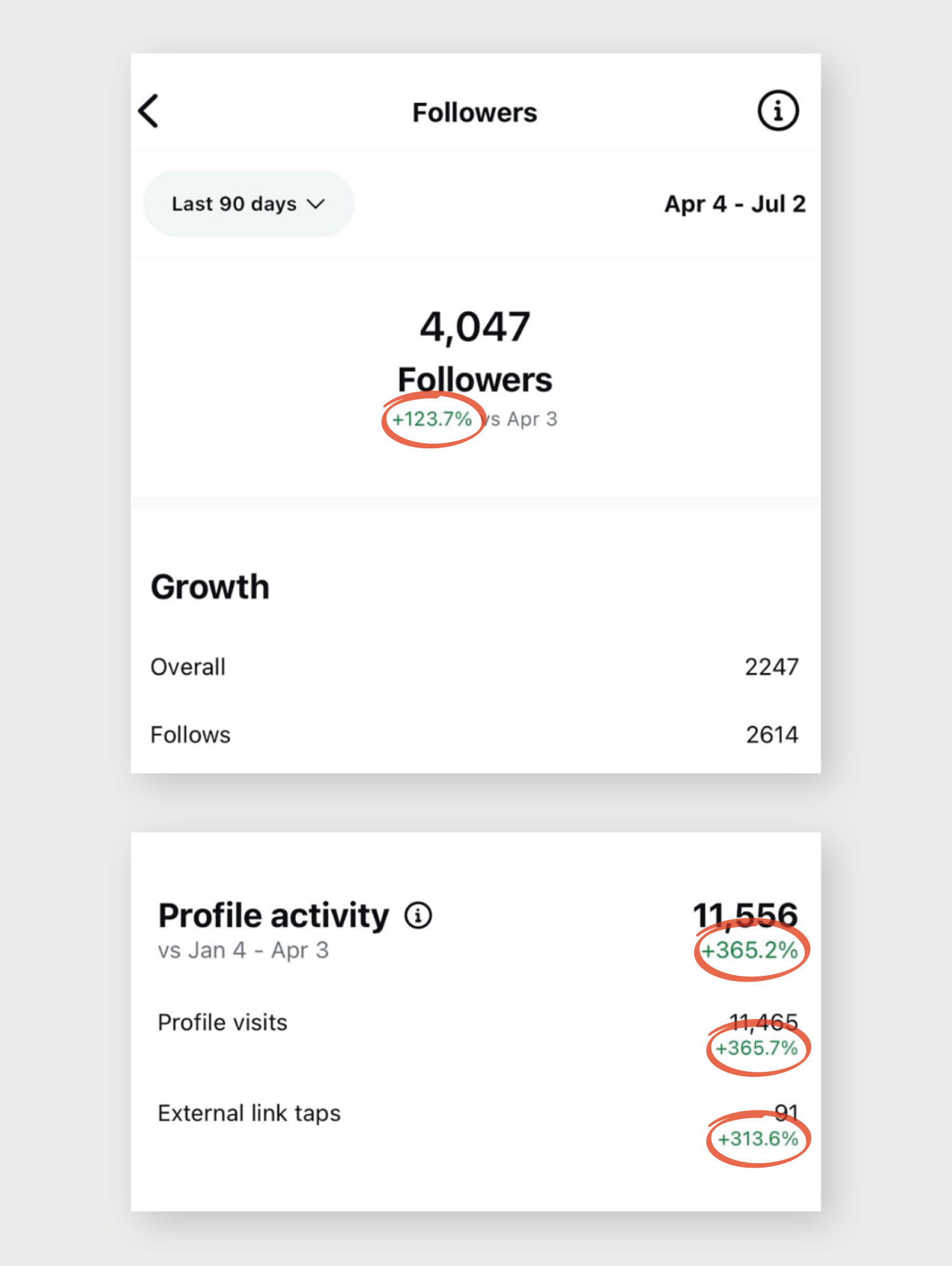 Example Instagram statistics. Followers +123.7%. Profile activity +365.2%. Profile visits +365.7%. External link taps +313.6%.