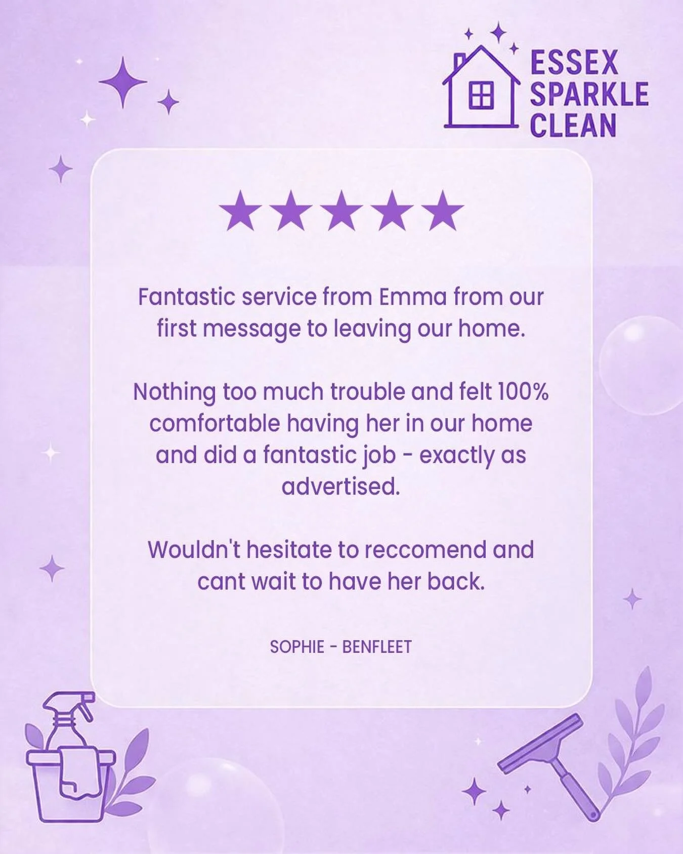 ✨ Another 5-star review ✨

&ldquo;Fantastic service from Emma from our first message to leaving our home. Nothing too much trouble and felt 100% comfortable having her in our home and did a fantastic job &ndash; exactly as advertised. Wouldn&rsquo;t 