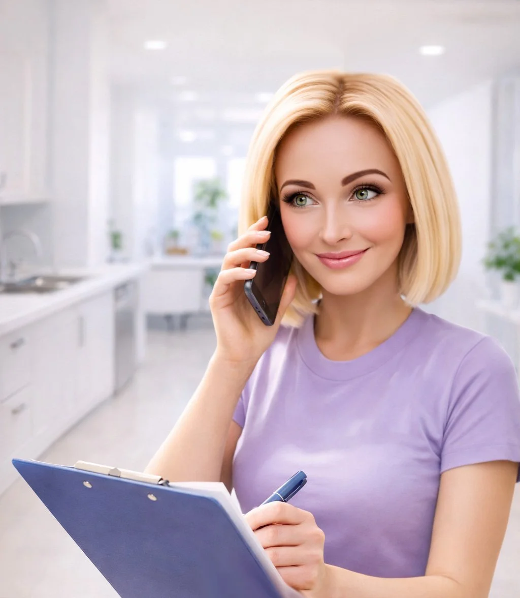 A woman with blonde hair and green eyes is speaking on a phone while holding a clipboard and pen, standing in a bright, modern kitchen.