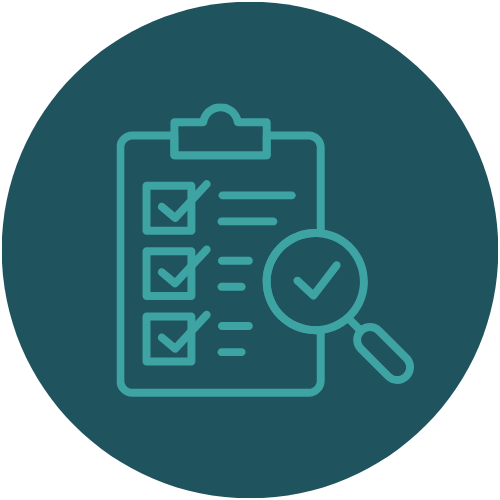 Icon of a clipboard with checkmarks and a magnifying glass inspecting it.