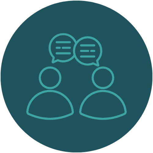 Icon of two people talking with speech bubbles above them.