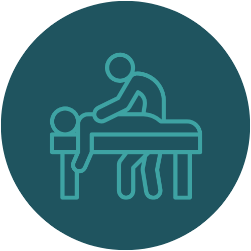 Line drawing of a person receiving a massage from a massage therapist in a professional setting.