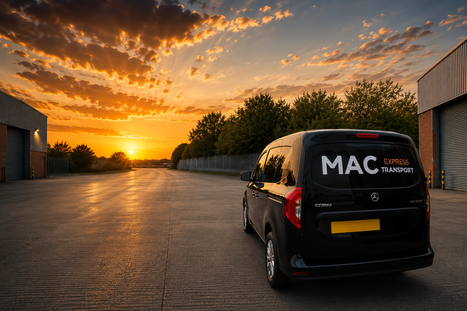 A black delivery van with the words 'MAC EXPRESS TRANSPORT' parked on a wide concrete lot during sunset, with trees and industrial buildings in the background.
