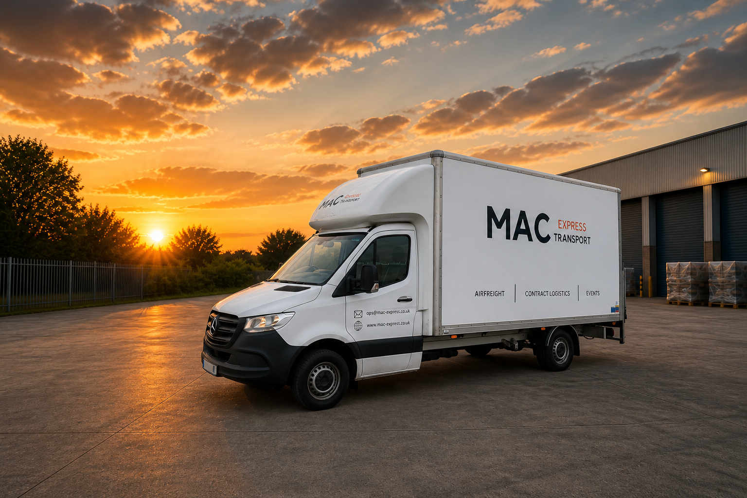 A white delivery truck with the text "MAC Express Transport" parked on a concrete lot at sunset, with a warehouse and pallets in the background.
