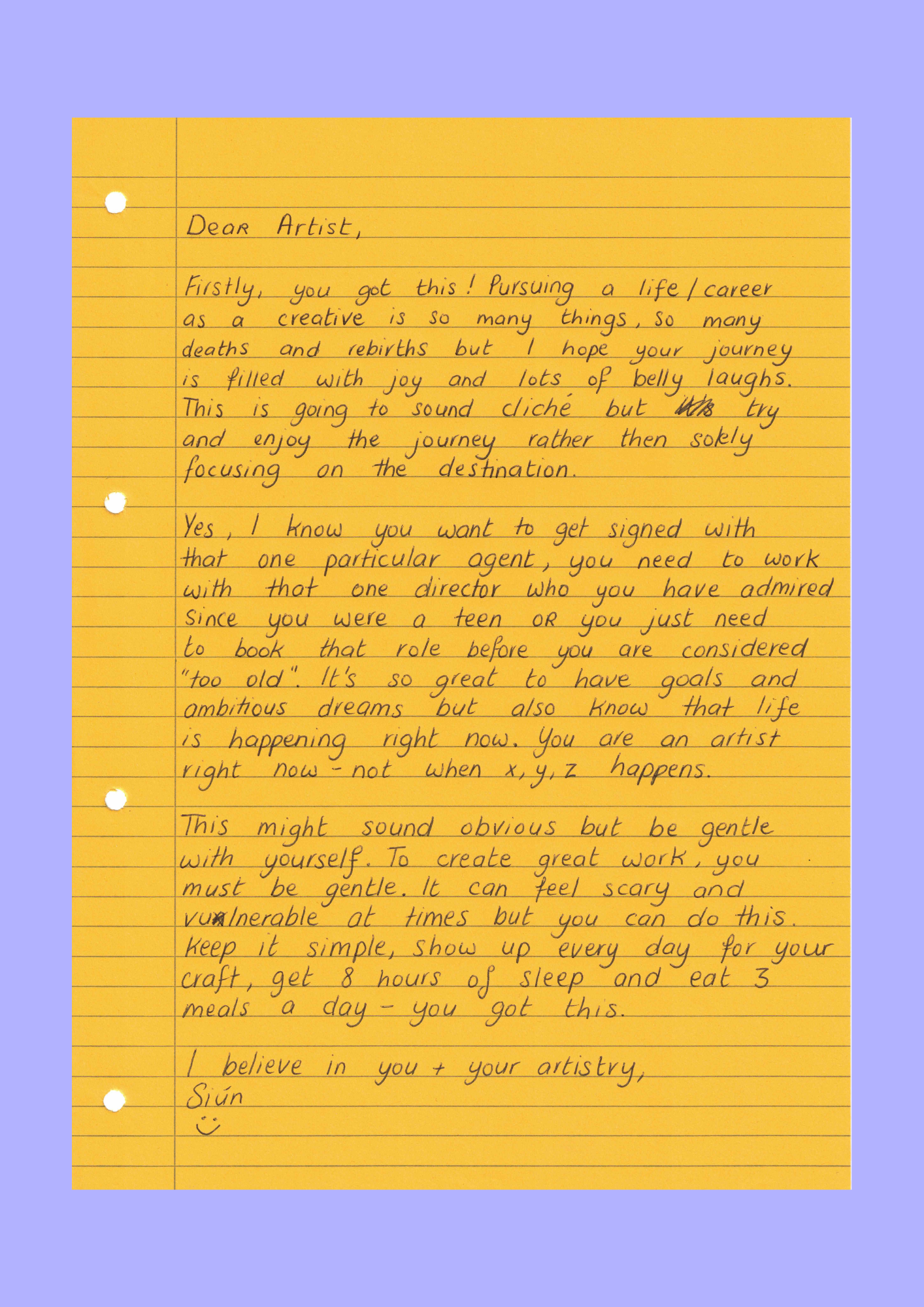 A handwritten letter on a yellow page.