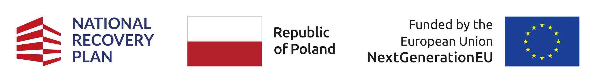 Logos and text indicating support for the National Recovery Plan from the Republic of Poland and the European Union, with Polish flag and EU flag.