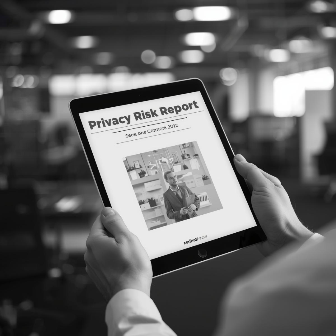 Person holding a tablet displaying a report titled 'Privacy Risk Report' with an image of a man in an office setting.