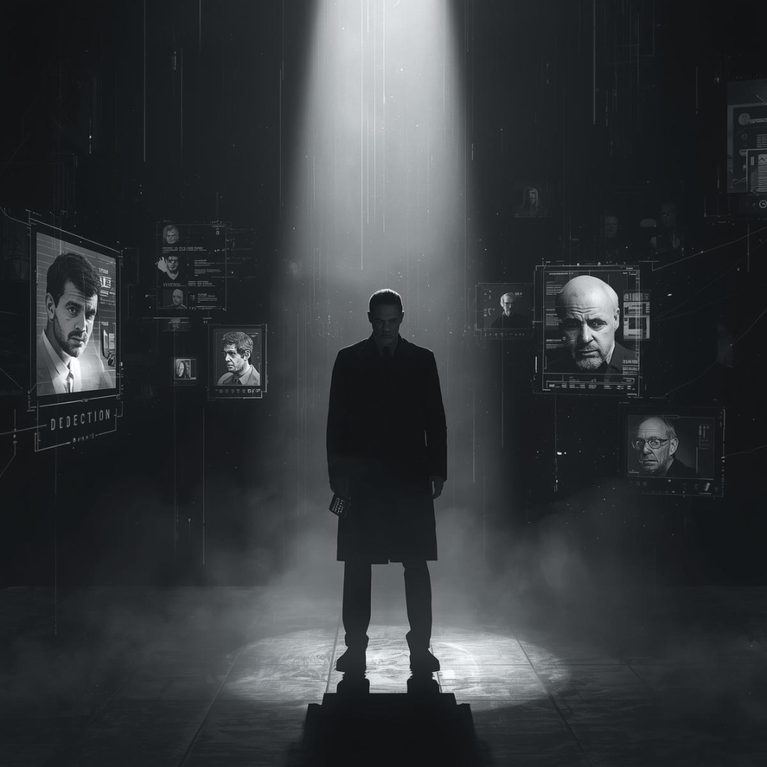 A dark, mysterious hallway with a person standing under a spotlight, surrounded by digital screens displaying faces and surveillance data.
