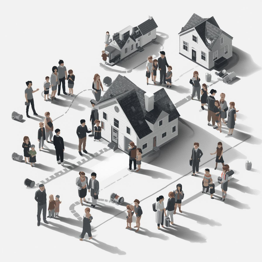 People standing in line outside houses, waiting, with some carrying luggage, in an isometric illustration.
