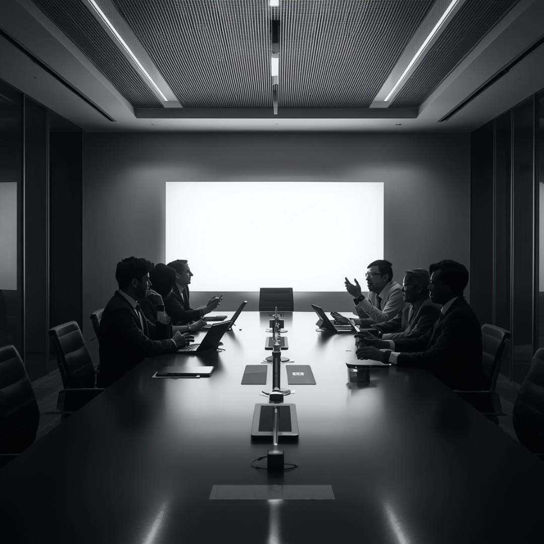 A group of six business professionals are seated around a long conference table in a modern, dimly lit boardroom with a large blank white screen on the wall.