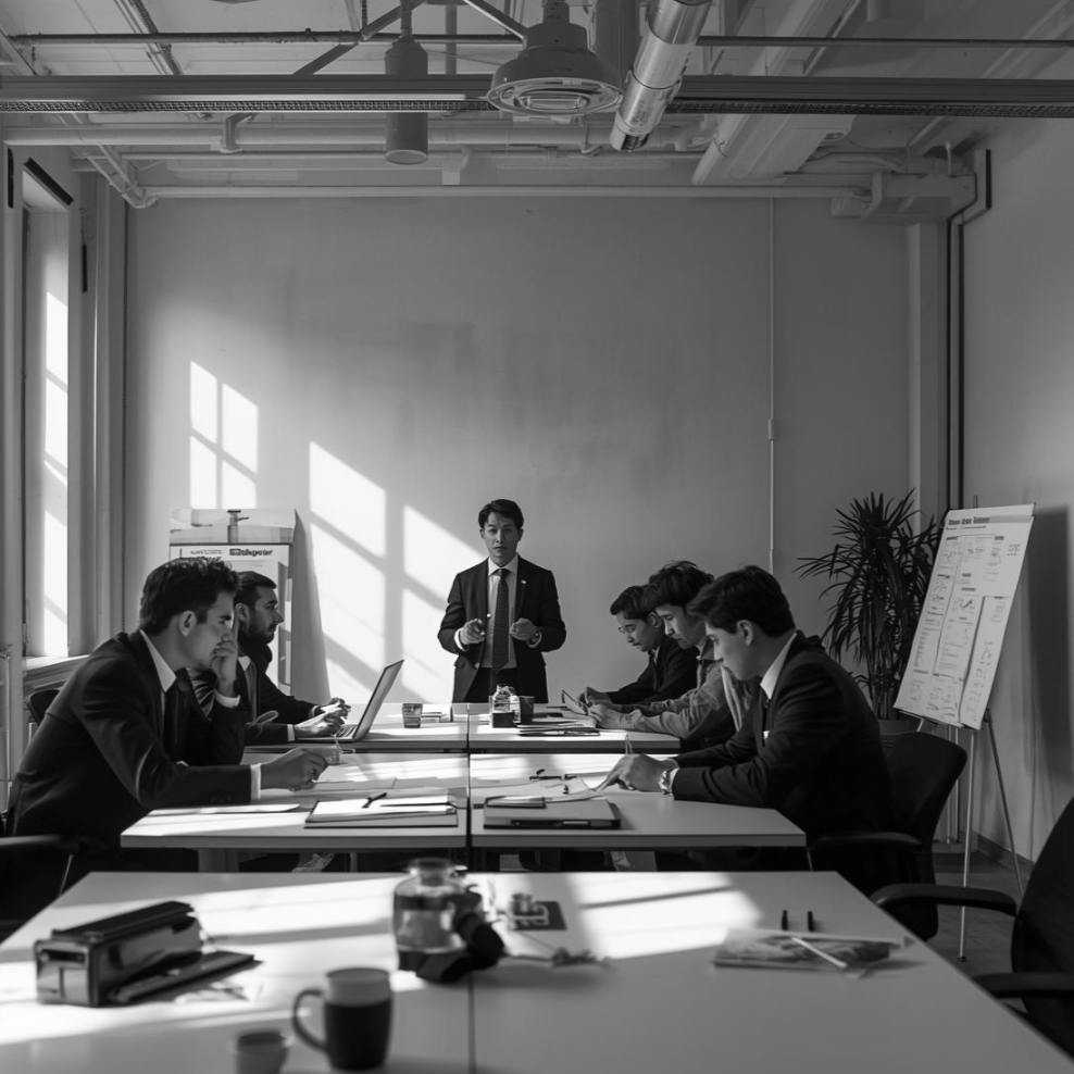 A black and white photo of a business meeting with six people in formal attire, one standing and speaking while others are seated at a conference table in a bright room with large windows and minimalist decor.