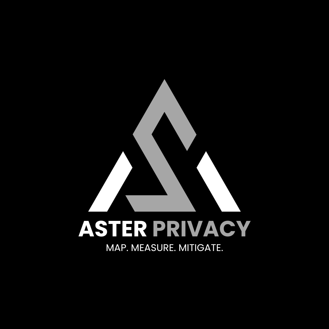 Logo for Aster Privacy featuring a stylized triangular design in gray and white on a black background with the words "ASTER PRIVACY" and the tagline "MAP. MEASURE. MITIGATE."