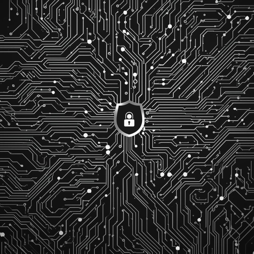 Digital illustration of a computer circuit board with a central lock icon symbolizing cybersecurity or data protection.