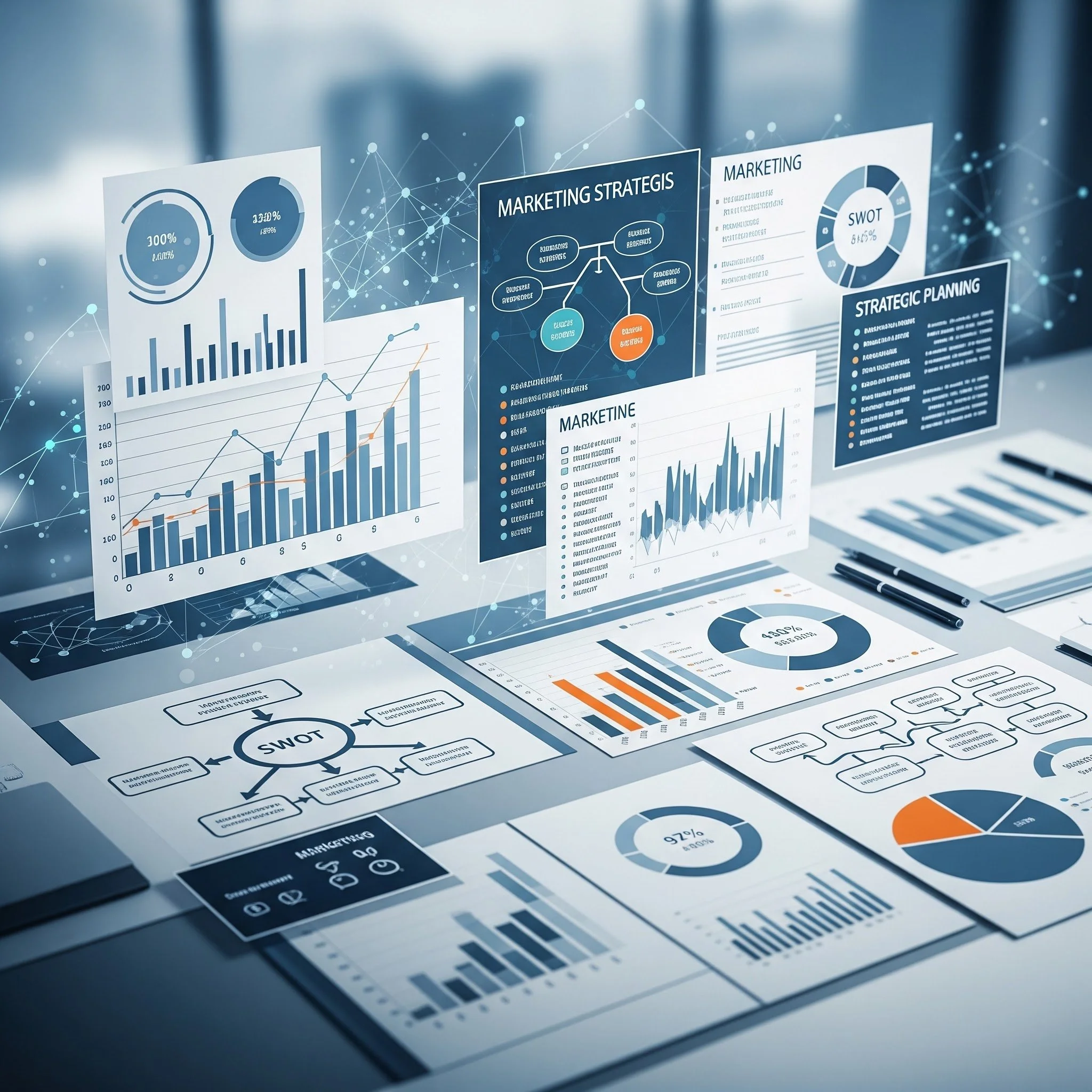 A digital display shows various charts and graphs related to marketing strategies, including pie charts, bar graphs, and a SWOT analysis diagram.