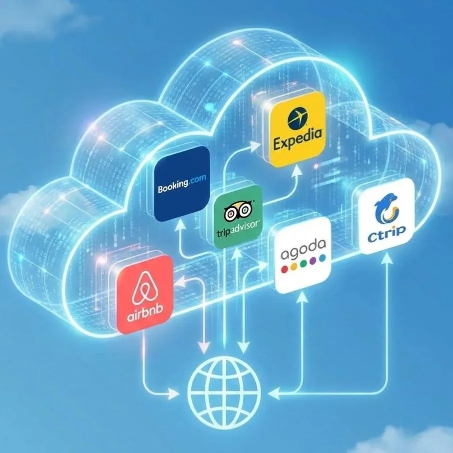 Cloud computing diagram illustrating online travel booking platforms like Airbnb, Booking.com, Expedia, TripAdvisor, Agoda, and Ctrip connecting to a global network.