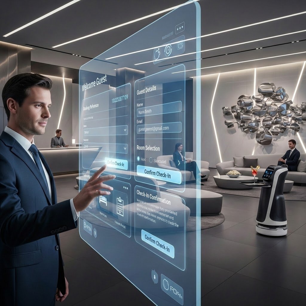 Hotel guest check in with new tech implemented at the reception