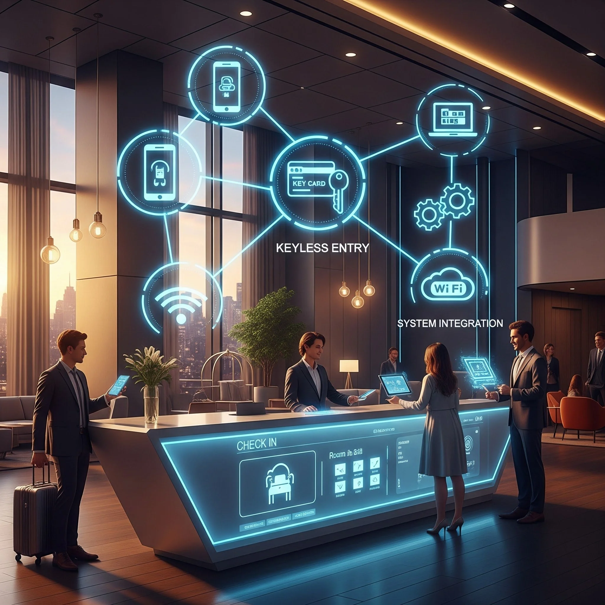 A futuristic check-in counter at an airport with people and digital icons representing keyless entry, Wi-Fi, and system integration.