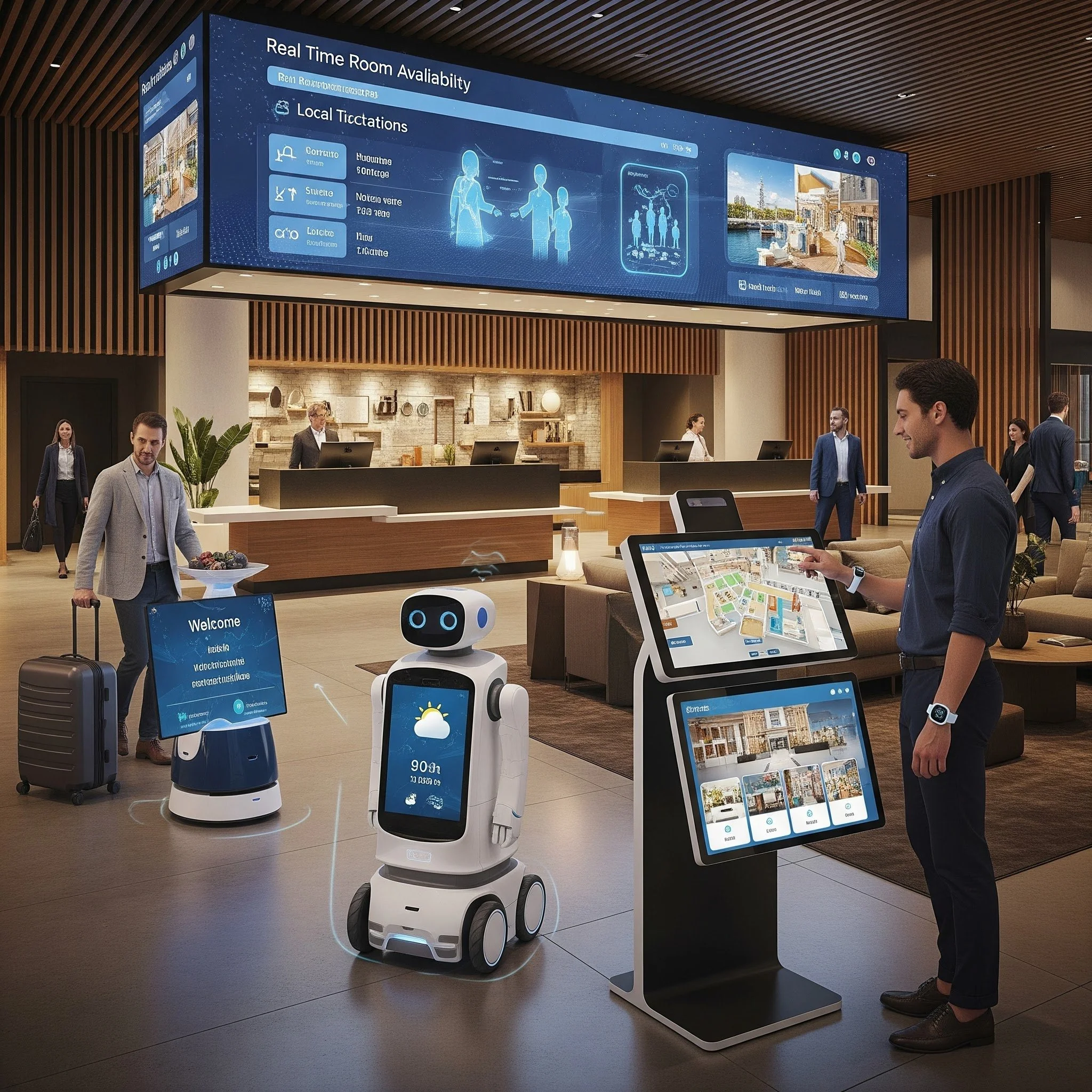 A hospital or airport lobby with a digital information display showing real-time room availability updates, weather forecast, and maps; various people are seen interacting with kiosks and walking.
