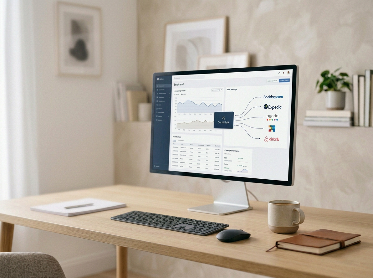 A computer monitor on a light wood desk showing graphs and logos of travel booking websites like Booking.com, Expedia, Agoda, and Airbnb.