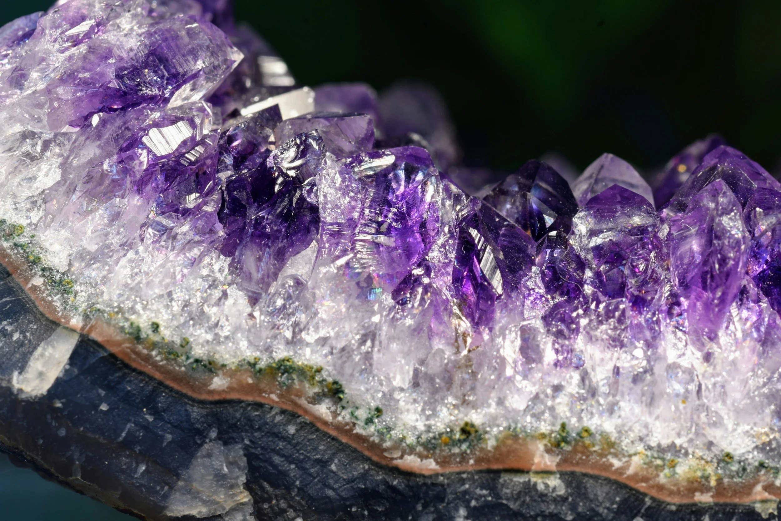 A close-up of purple and clear quartz crystals growing on a mineral matrix, with sunlight reflecting off the facets.