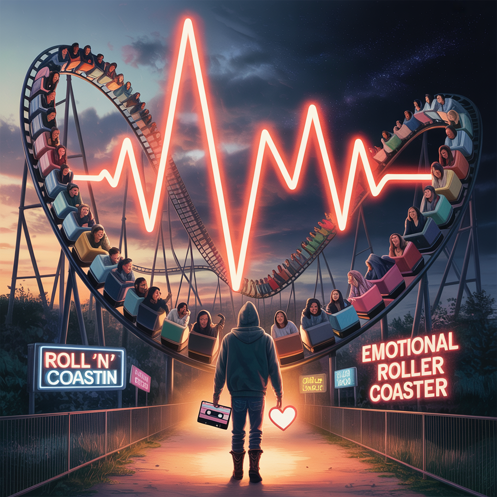 A roller coaster rides through a heart-shaped outline with a neon heartbeat line in the sky.  holding a cassette tape in one hand and a heart-shaped object in the other, stands in front of the coaster. The scene is set during sunset or dusk, with neon signs reading "Roll 'N' Coastin" and "Emotional Roller Coaster".