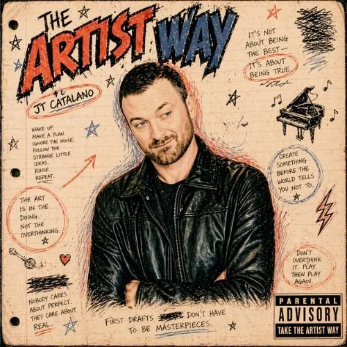 The Artist Way by JT Catalano is a bouncy piano alternative hip-hop manifesto with vinyl crackle, playful hats, pen-scribble effects, J. Cole inspiration, and late-bloomer artist energy.