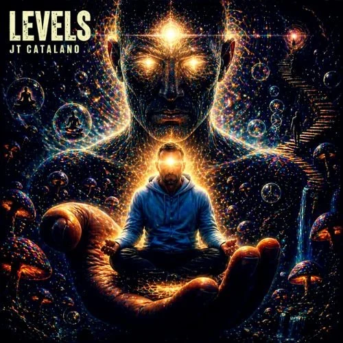LEVELS by JT Catalano is a cinematic psychedelic hip-hop track with heartbeat pads, splash effects, ego-death hooks, mushroom-trip imagery, and a gamer-spiritual ascension vibe.