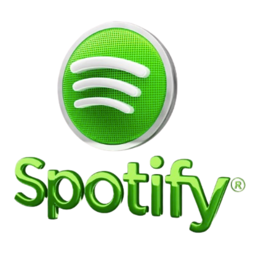 Spotify logo with a green circle and white sound waves, and the word 'Spotify' in green text below.