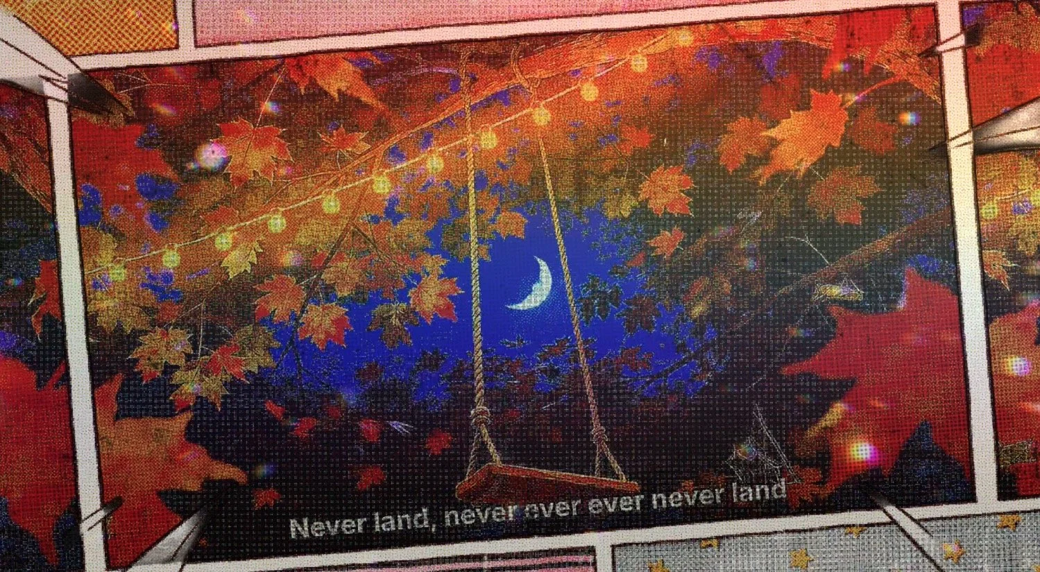 A colorful mural depicting a night scene with a crescent moon, autumn leaves, string lights, and a swing hanging from branches, with the phrase 'Never land, never ever ever ever land' written at the bottom.