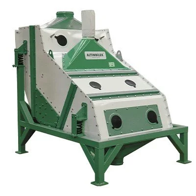 Industrial equipment with a green and white metal body, labeled 'Allu Mulix,' featuring multiple circular openings and a sloped design.