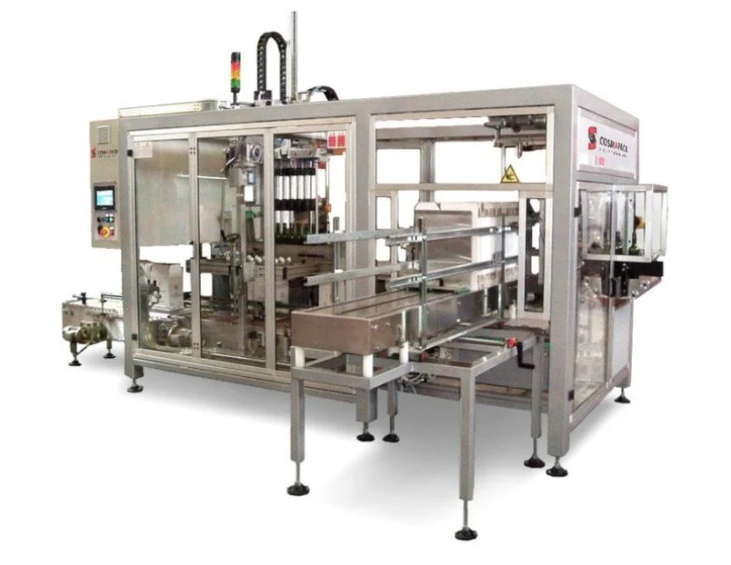 Automated packaging machine with conveyor system and control panel, used for filling and sealing bottles or containers in a factory setting.