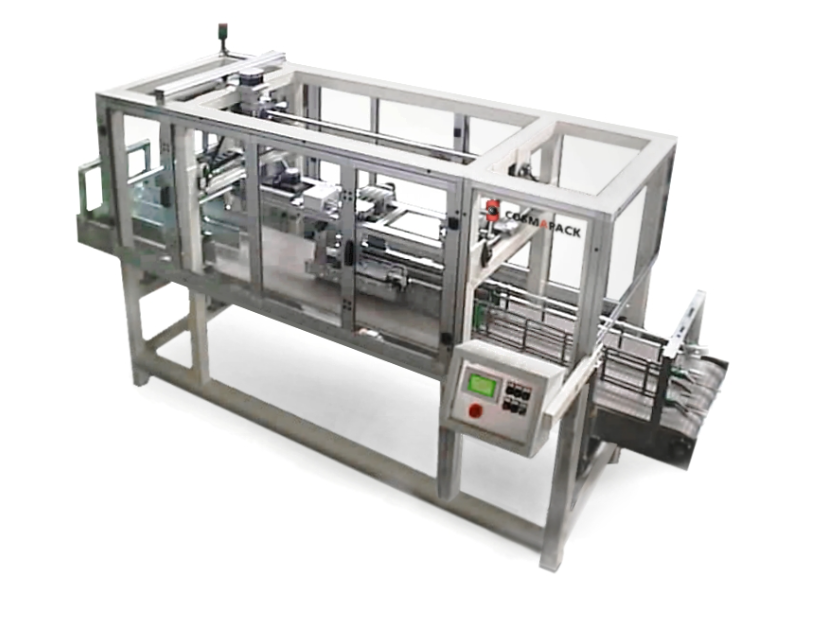 Industrial packaging machine with control panel and conveyor belt
