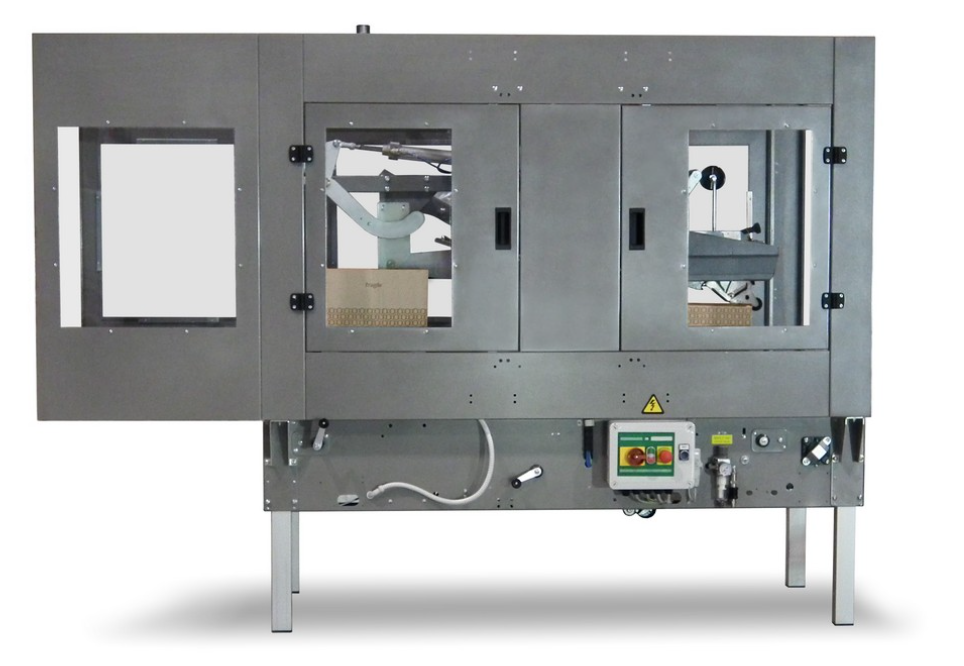 Industrial packaging machine with enclosed doors and control panel.