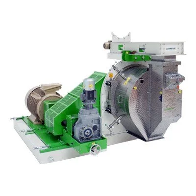 Industrial machine with green and gray components, including a large cylindrical section and motorized parts, used for manufacturing or processing.