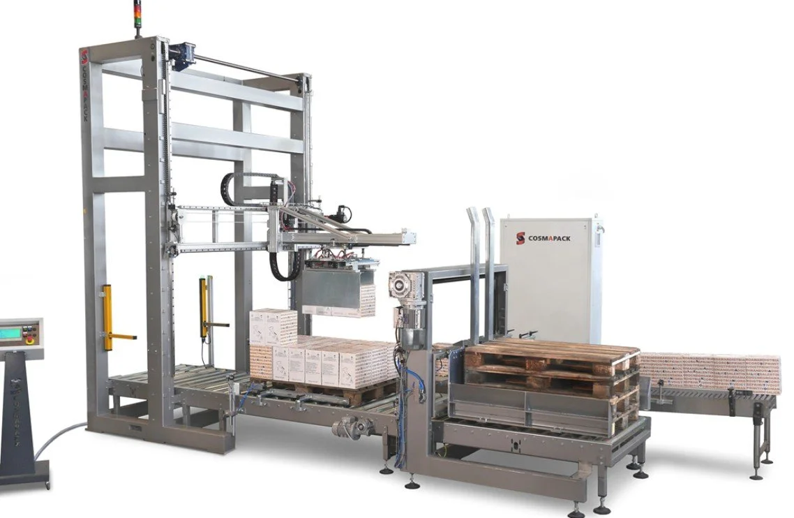 Automated packaging machine stacking and wrapping boxes and pallets in a factory setting.