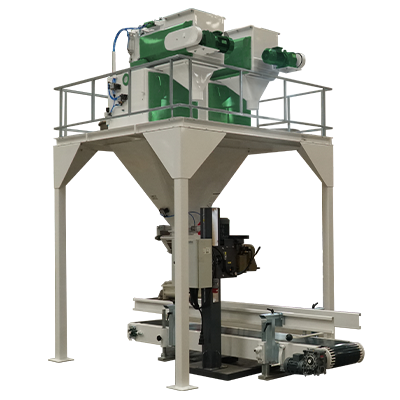 Industrial machine with a green and white color scheme, elevated platform, various mechanical components, and conveyor system.