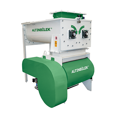 Industrial machine with white and green components, labeled 'ALTINBILEK', featuring control knobs and a feed hopper, used in manufacturing or processing.