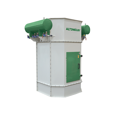 Industrial filtration unit with green tanks and a gray and green exterior labeled 'ALTINBİLEK'