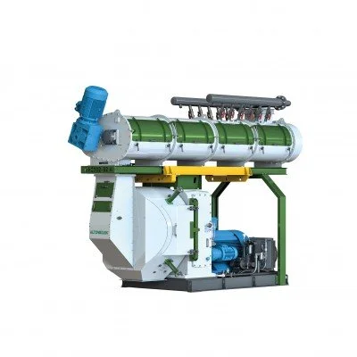 Industrial machine with green, blue, and gray components on a white background.
