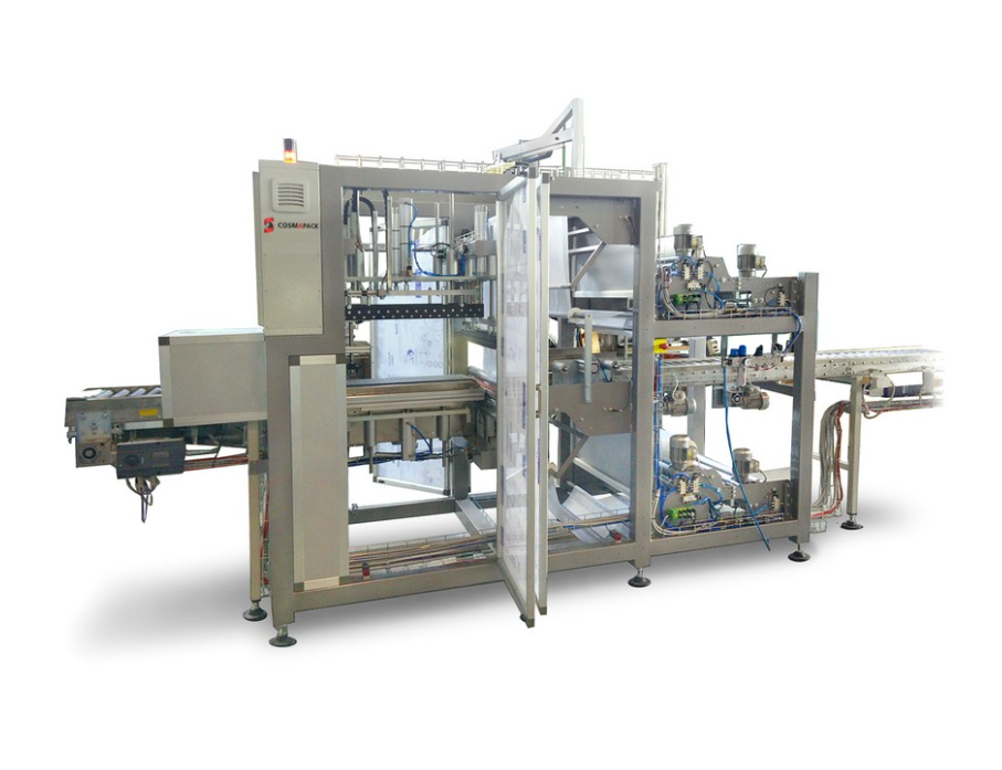 Industrial packaging machine with conveyor belt system and metal framework.